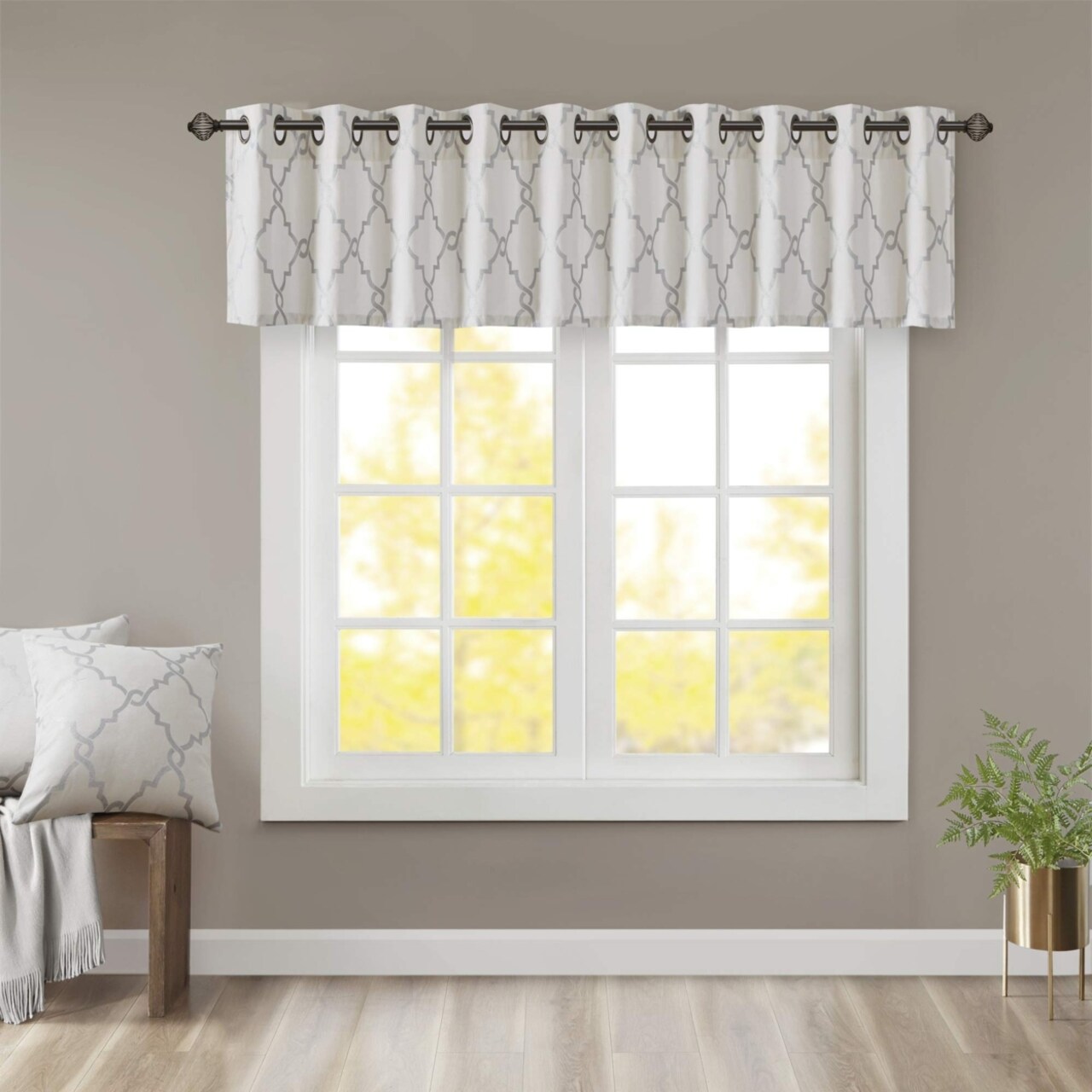 Madison Park - Saratoga Fretwork Print Valance - Ivory - 50(W)" x 18(L)" - Single Unit - Grommet Top - Metalic Print